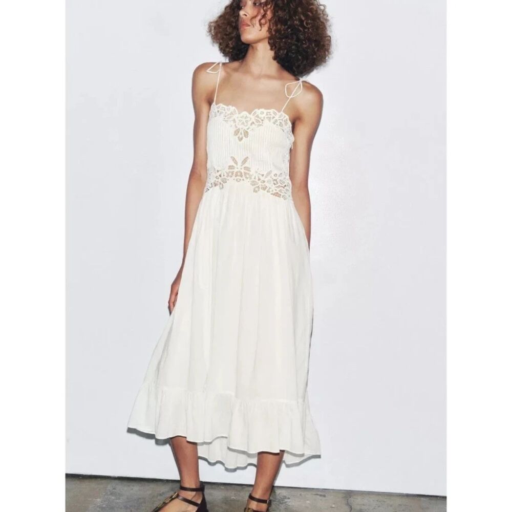 ZARA NWT SS25 ZW Collection Embroidered Dress Ecru Women's Size Large | 6895/059